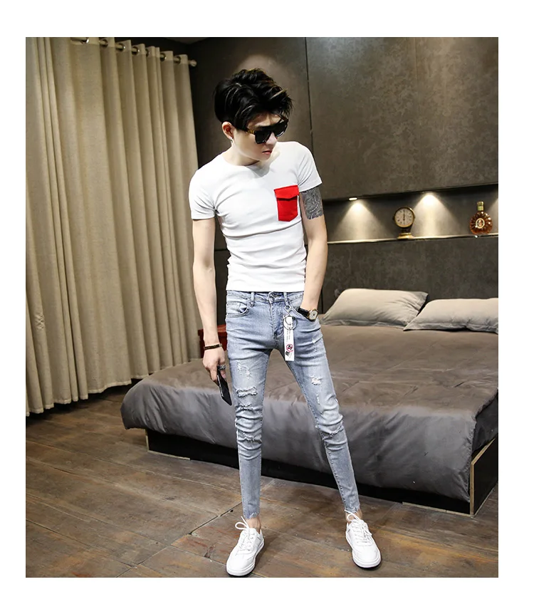 NEW spring autumn skinny strech Casual ripped hole fashion black teenagers hip hop cowboy denim leg jeans men pencil pants