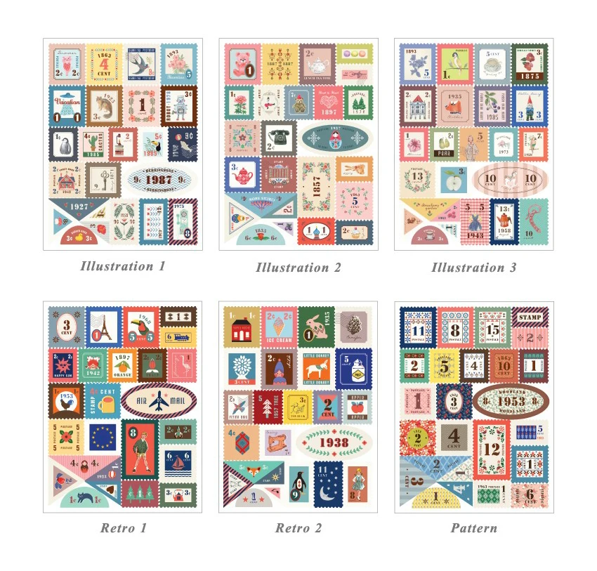 

6sheets/pc Cartoon Vintage Paper Stamp Diary Sticker Lovely Mini Scrapbook Diary Stickers Food Stickers