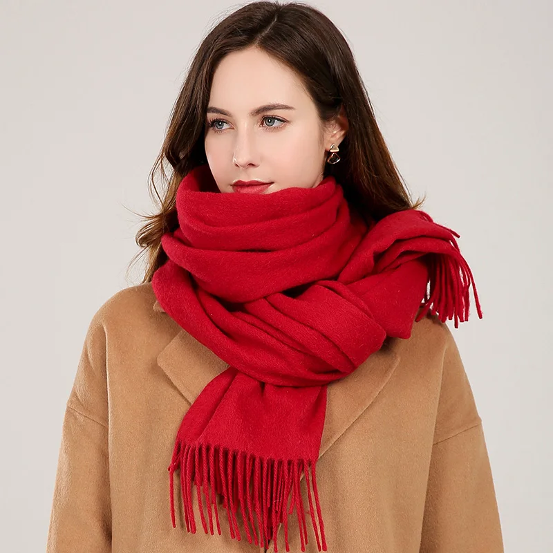 Winter Real Wool Scarf Women Echarpe Brand Tassel Shawl and Wraps Warm Foulard Pashmina Solid Beige Pure Wool Scarves - Цвет: Red