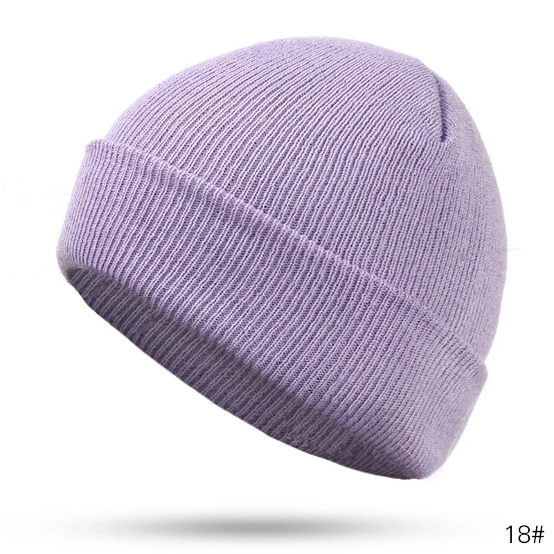 18 Light Purple Зимняя вязаная шапка унисекс Febelle, повседневные шапочки для мужчин и женщин, хлопковая Осенняя шапка, модная однотонная Кепка в стиле хип-хоп для девочек - Цвет: 18 Light Purple