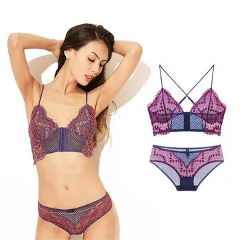 

Varsbaby Y-lined Straps Ultra-thin Sexy Floral Front Closure Wire Free Women's S M L XL Bra Sets