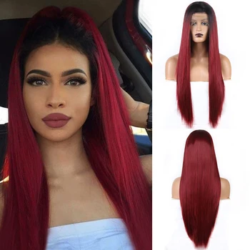

Charisma Long Straight Hair Ombre Burgundy Red Wig With Black Roots Synthetic Lace Front Wig for Women Cosplay Wigs