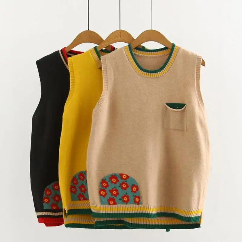 

Cartoon Pattern Knitted Vest Female O-Neck Sleeveless Sweater Casual Women Pocket Striped Vest