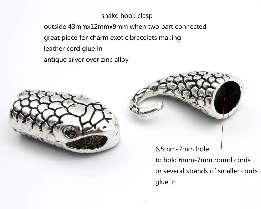 2 комплекта 7 мм круглое отверстие Антикварная Серебряная Змея голова амулет с