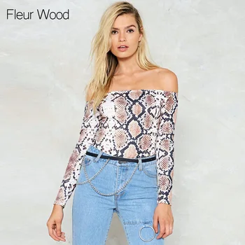 

Fleur Wood Off Shoulder Bodysuit Women Long Sleeve Snake Printed Autumn Casual Jumpsuit Fashion Slim Lady Stretch Blouse Bodysu