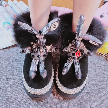 

Handmade high-end custom winter new products rivet rabbit bottom tube fox fur leather cowhide snow boots warm and non-slip