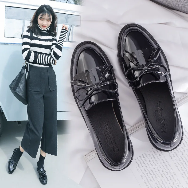 

England Small Leather Shoes Women's 2020 Spring New Style Black Flat Tassels Bow Network Red-on Loafers Women's