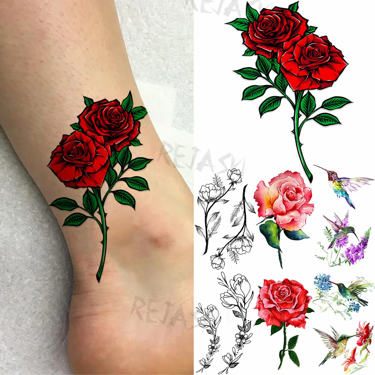 

Временные татуировки с цветными розовыми листьями для женщин, букет для взрослых, искусственная Татуировка Колибри, водостойкие татуировки для боди-арта, тату-наклейки