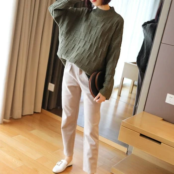 

Wool Green Sweater Women O-neck Oversize Plaid Knitted Thick Warm Winter Cotton Sweater for Women Winter Autumn Sweaters Female