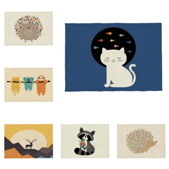 

Fashionable Popular Animal Placemat Elephant Cat Penguin Unicorn Otter Polyester Hemp Custom Restaurant Coaster Napkin Cloth