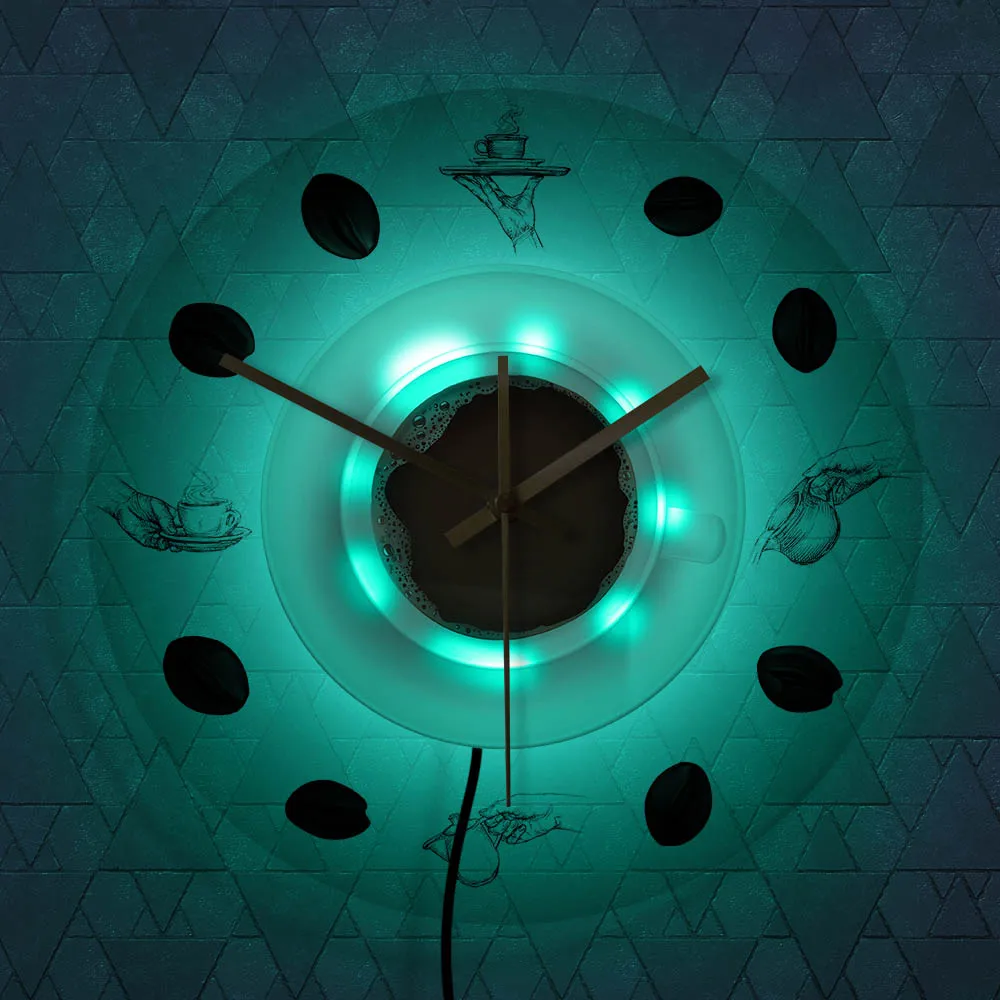 Coffee Hand Coffee Beans Wall Clock with LED Backlight Modern Design Cafe Coffee Mug Reloj De Pared Kitchen Acrylic Wall Watch 2