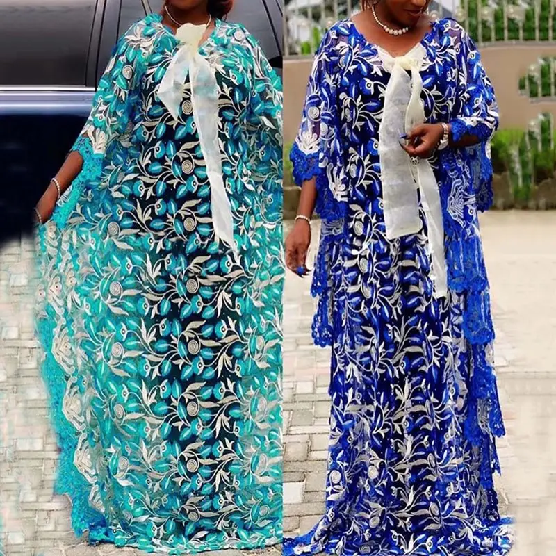 

Plus Size African Women Lace Floral embroidery Bowknot Transparent Maxi Dress Luxury Bat Sleeve Party Elegant Chic Muslim Robe