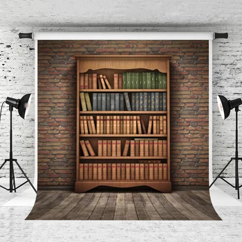 

VinylBDS 8x8ft Retro Bookcase Photography Backdrops Brick Baby Birthday Photography Backdrop Back To School Photo Backgrounds