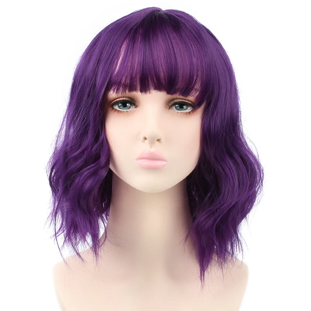 

Pageup Purple Short BOB Wave Wig Heat Resistant Fiber Hair Synthetic Wigs For Women Pure Color Wigs with Bangs