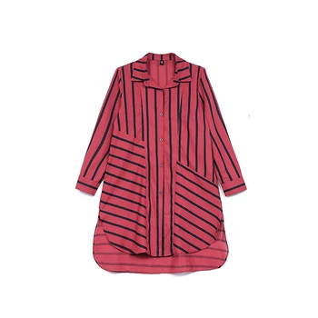 

COIGARSAM Plus Size Fashion Cotton Linen Striped Loose New Spring Women shirts Red Blue 7217