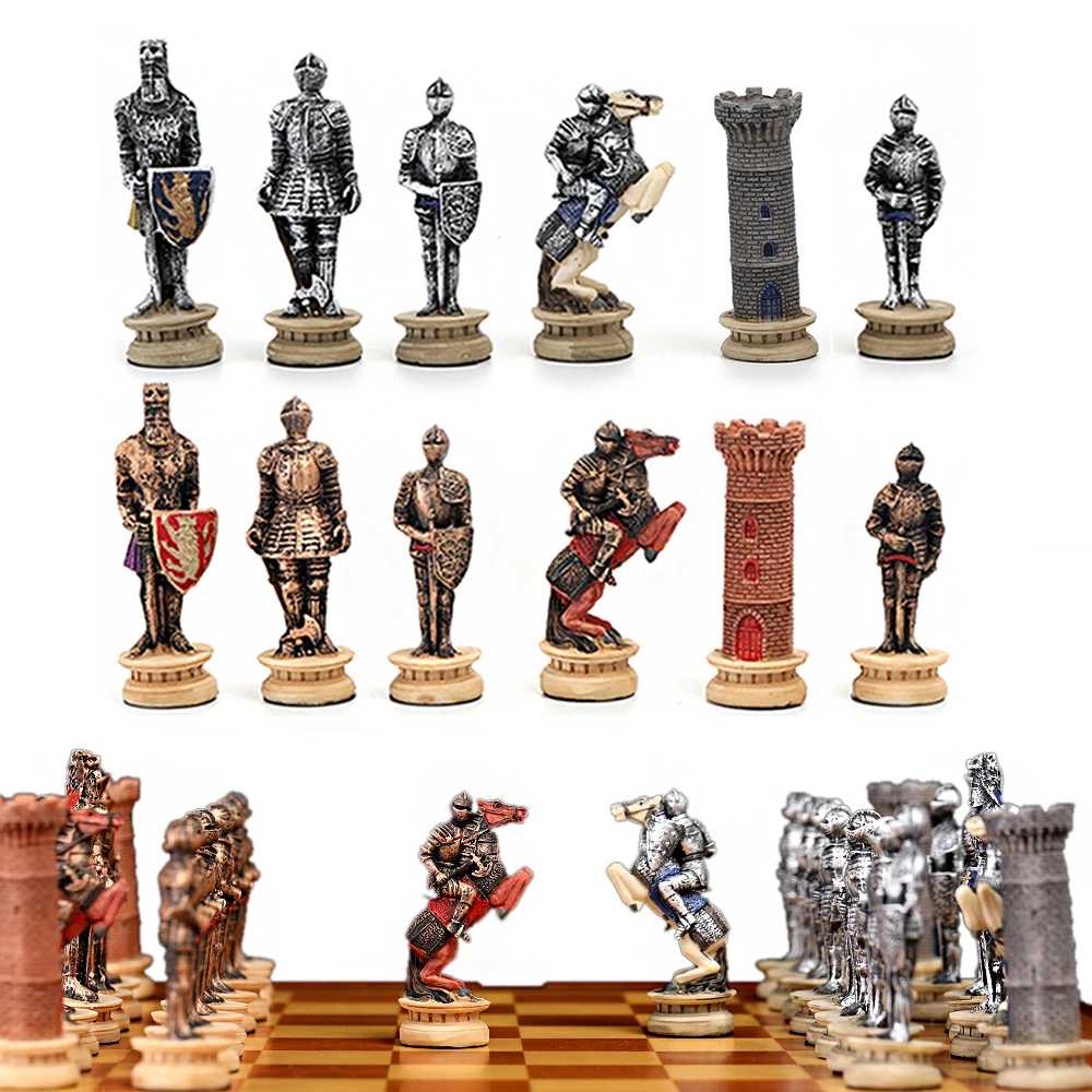 Chess Checkers Medieval Knight Fighting Theme Luxury Featured Table Games Gifts Entertainment Intellectual Toys Painted Chess
