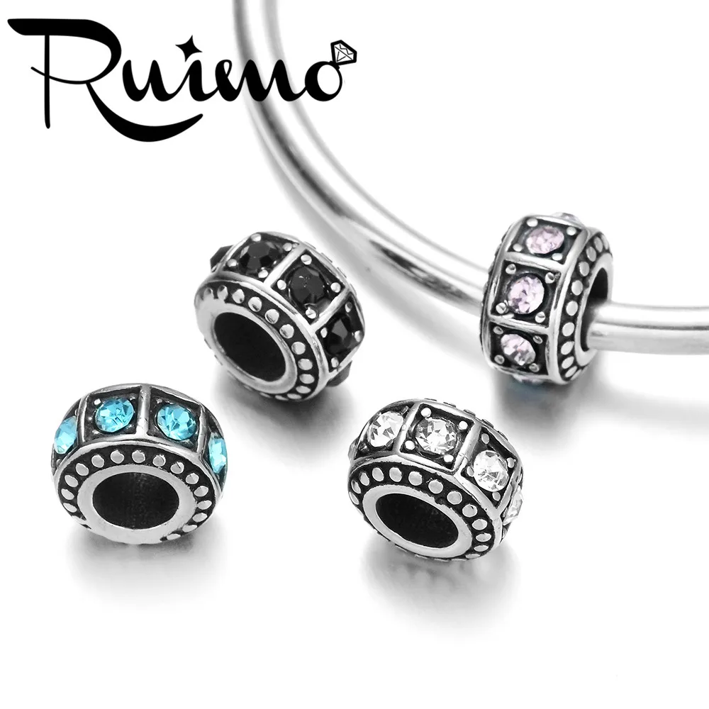

RUIMO European Crystal Beads Stainless Steel Pink Crystal Big Hole Beads For Bracelets
