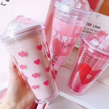 

370ml Plastic Water Bottle Cool Summer Juice Milk Drink Bottle Chic Dual Layer Cute Pink Heart Straw Cup Coffee Tea Bottle