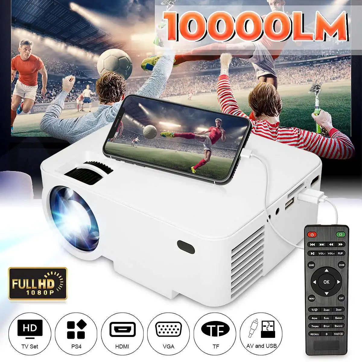 

10000LM WIFI Projector 1080p HD Portable LCD Wireless Mini Video Projector for Home Cinema For iPhone/Android Phone + Remorte