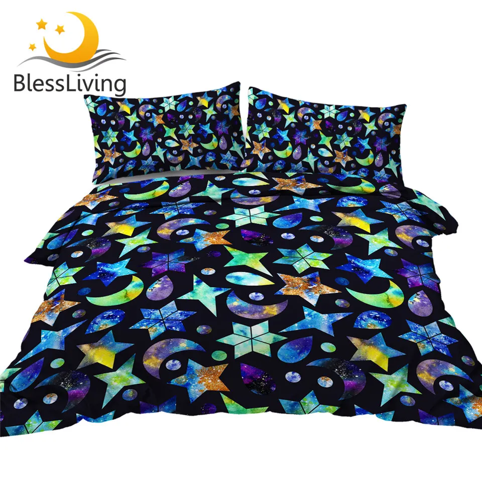 

BlessLiving Moon Star Bedding Set Night Sky Bedspread Colorful Polygon Duvet Cover Psychedelic Bed Set 3pcs Galaxy New Bedding
