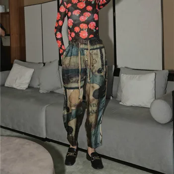 

Fall 2020 Designer Pants Painting Trousers Women Drawstring Pants Ankle Length High Waist Harem Pants Autumn Fashion