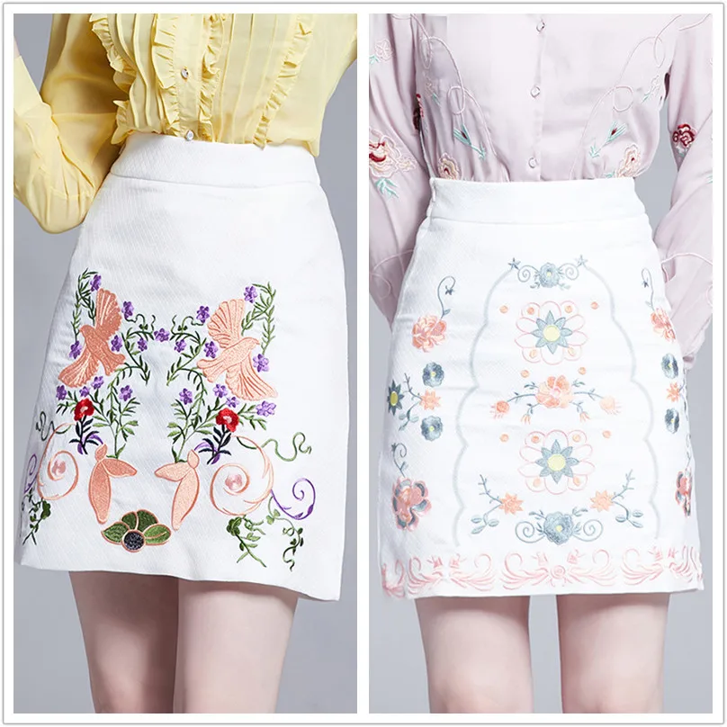 

Elegant Designer Women Denim Skirt Runway 2019 Vintage Floral Birds Embroidery White Short A-Line fall skirt