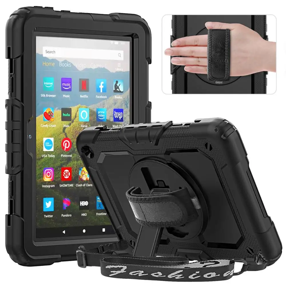 

360 Rotation Hand Strap&Kickstand Silicone Tablet Case for Amazon Kindle Fire HD8 2020 Protective Cover For Fire HD 8 Plus Case