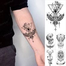 Waterproof Temporary Tattoo Sticker Owl Moon Linear Geometric Feather Black Tatoo Arm Wrist Hand Men Women Glitter Tattoos Kids
