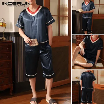 

INCERUN Men Patchwork Pajamas Sets Breathable Short Sleeve V Neck Tops Short Bottoms Sleepwear Summer Men Nightwear Suits S-5XL