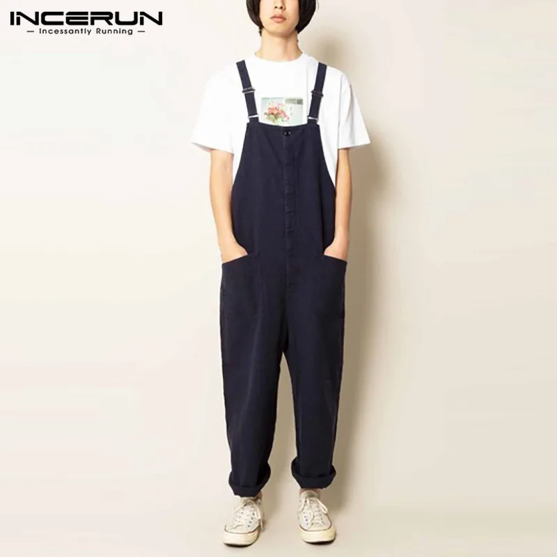 

Men Vintage Jumpsuits Fashion Cotton Long Bib Pants INCERUN Solid Cargo Joggers Loose Buttons Overalls Men Suspenders Plus Size