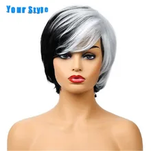 Your Style Synthetic Short Wigs Women White Black Color Cosplay Wigs With Bangs Girls High Temperature Fiber tanie tanio Silky Straight Average Size Synthetic Wig Mixed White Black Natural Hair Wig Synthetic Heat Resistant Fiber High Temperature Fiber
