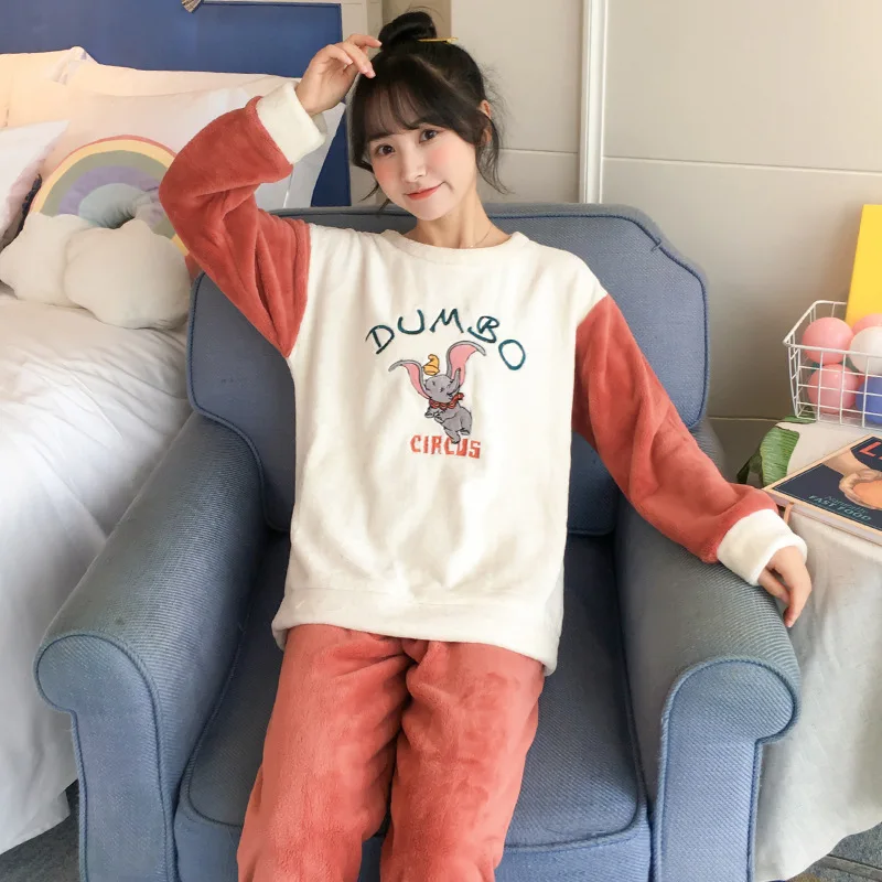 

Flannel Long-sleeved Cute Little Flying Elephant Pattern Ladies Pajamas Two-piece Autumn and Winter Leisure Cartoon Home Clothes