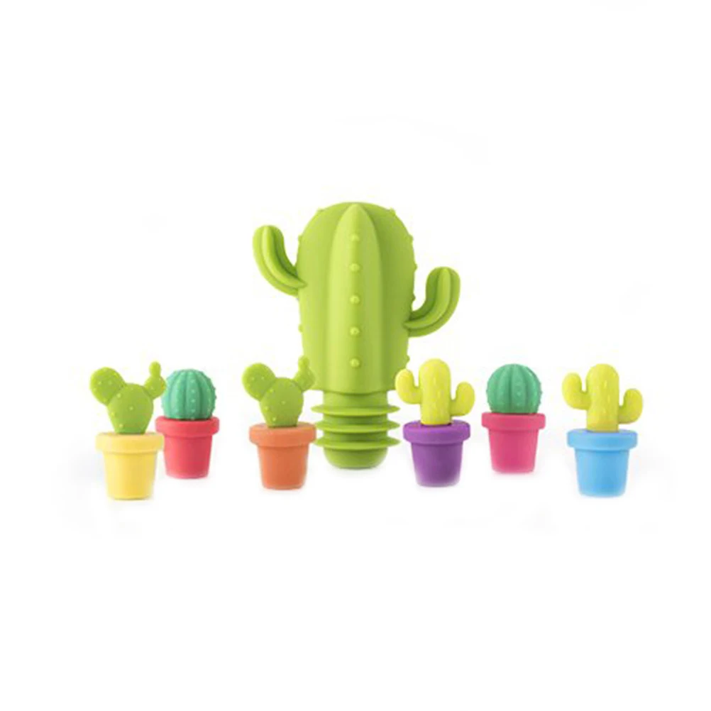 

7 Pcs Silicone Wine Bottle Stopper Cactus Shaped Champagne Stopper Plug Beverage Bar Preservation Tool Random Color