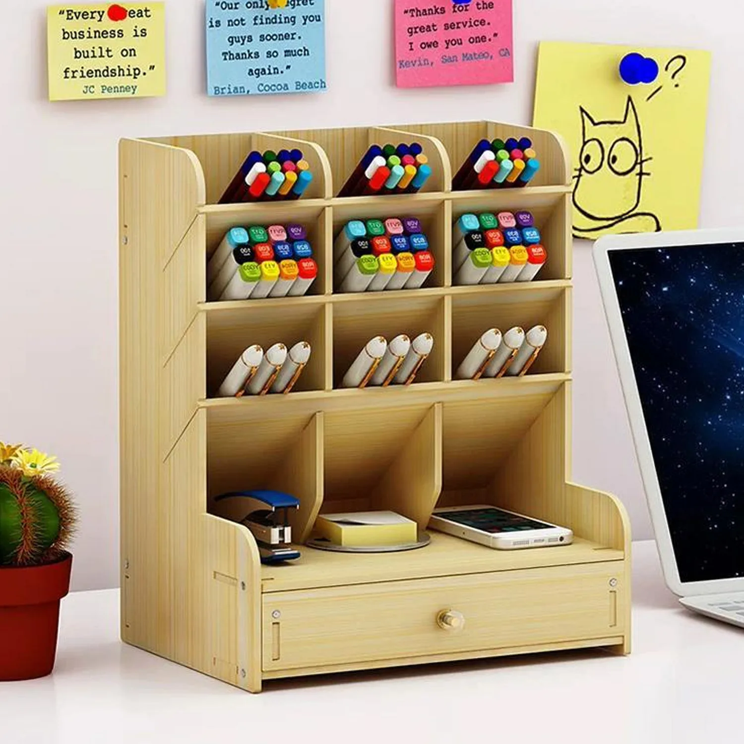 Wooden Desk Organizer DIY Pen Pencil Holder Storage Rack with Drawer  Post-it for Sticker Office School Home stationery Supplies