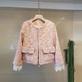 

HAMALIEL 2020 New Sprig Women O Neck Tweed Jacket Coat Runway Pink Woolen Patchwork Lace Zipper Pearl Female Weave Pocket Coats