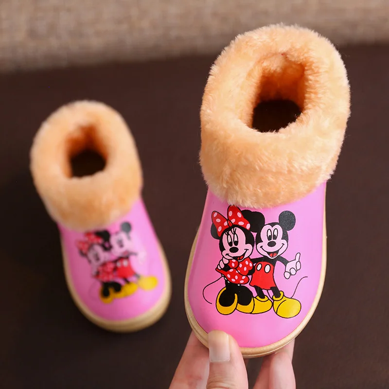 Disney/детские тапочки с рисунком Минни и Микки для мальчиков и девочек; сезон осень-зима; Нескользящие мягкие хлопковые тапочки; Толстая теплая хлопковая обувь