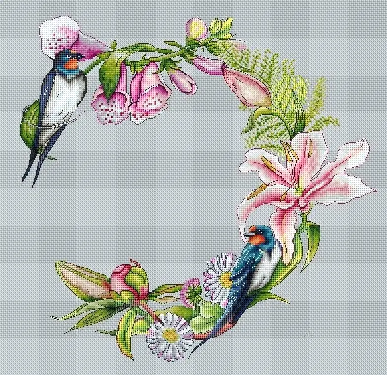 

Дышащий летний венок с птицами-лилиями 43-43, Набор для вышивки крестиком, набор для рукоделия, вышивка, наборы для рукоделия, хлопковая нить