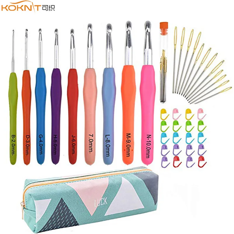 KOKNIT Extra Long Large Crochet Hooks Set 9pcs 2mm(B)-10mm(N)  Ergonomic Rubber Knitting Hooks Needle Set for Arthritic Hands  (3)