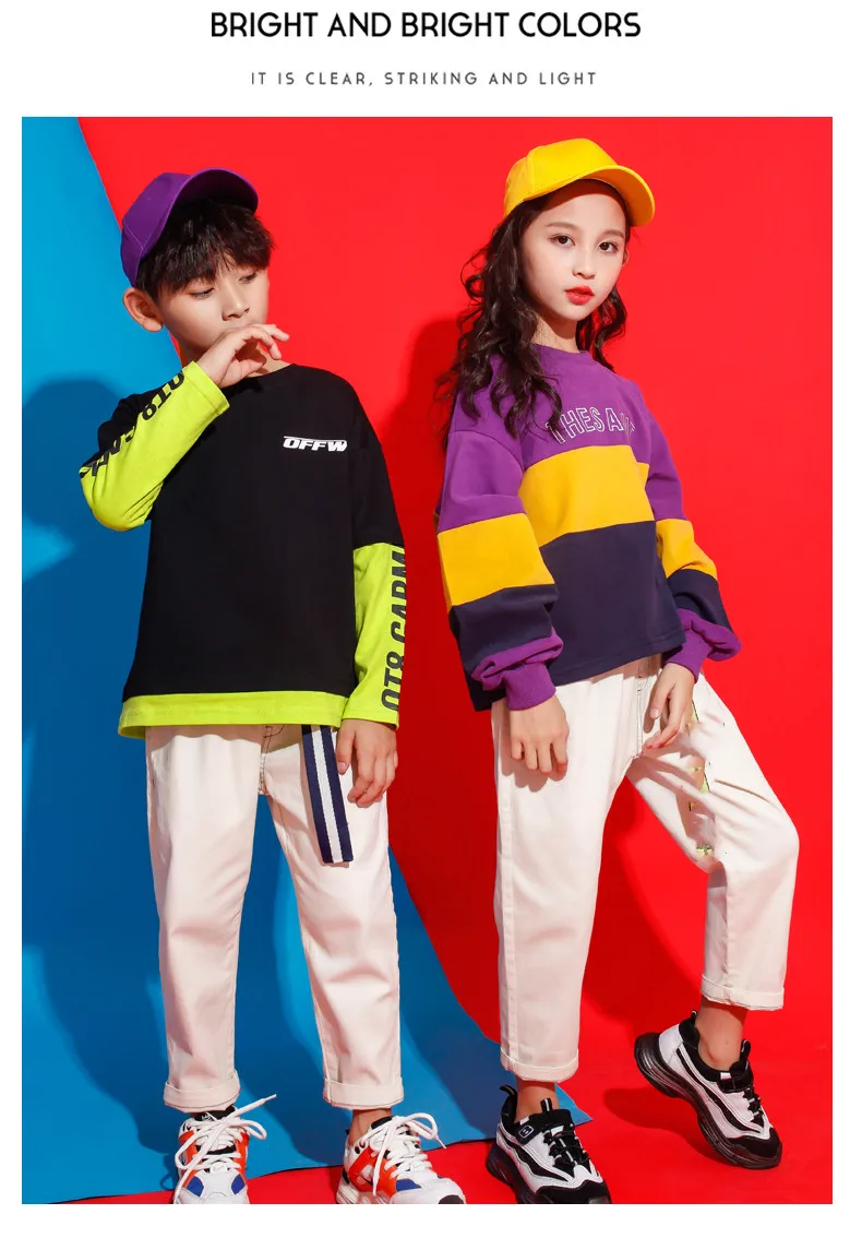 Black Purple Hoodie White Pants Set Children's Hiphop Street Dancewear Suit Kids Girls Boys Jazz Hip Hop Dance Costumes Clothes (13)