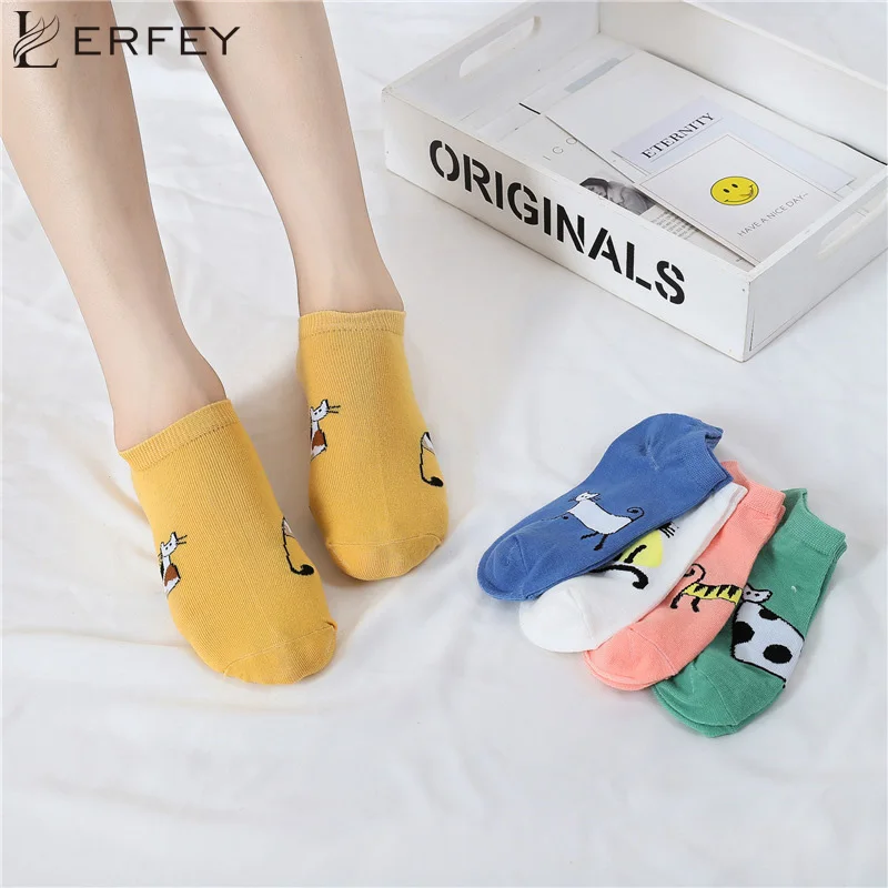 LERFEY, летние корейские женские носки, мультяшный Кот, милые животные, забавные короткие носки, хлопковые невидимые носки, Kawaii Happy Socks, 5 пар