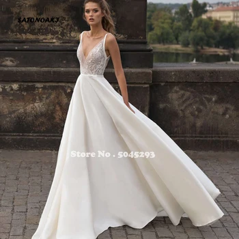

SATONOAKI Beach Sexy V Neck Wedding Dress Robe De Mariage Satin Lace Backless Bridal Wedding Leabon Grils Bride vestido de noiva