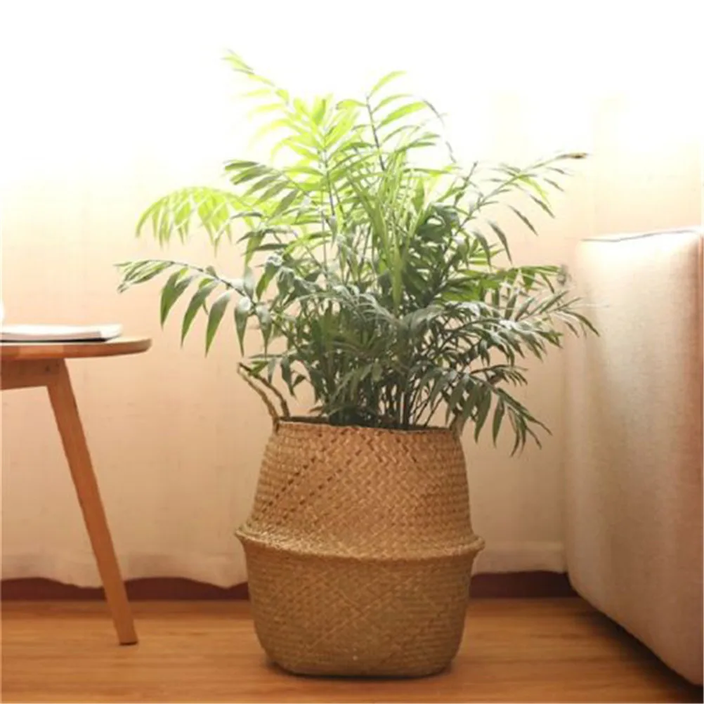 1Pc Household Storage Box Foldable Natural Seaweed Woven Storage Basket Flower Pot Garden Vase Hanging Wicker Storage Basket