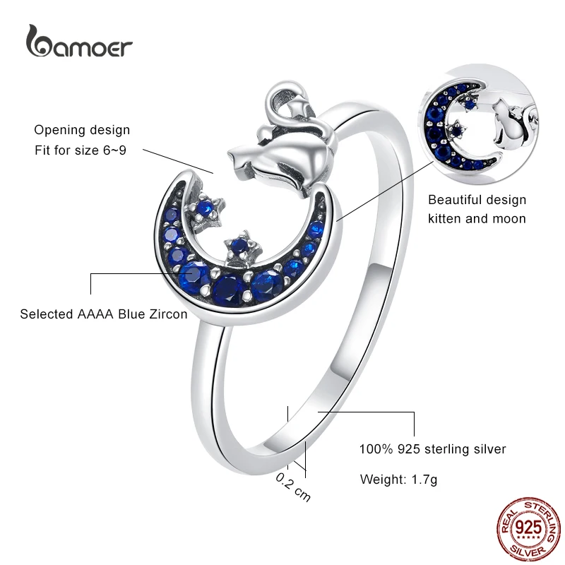 Bamoer Blue Moon Fashion Ring Genuine 925 Sterling Silver Cute Cat Animal Open Adjustable Rings for Women Elegant Party Jewelry silver ring gemstone ring