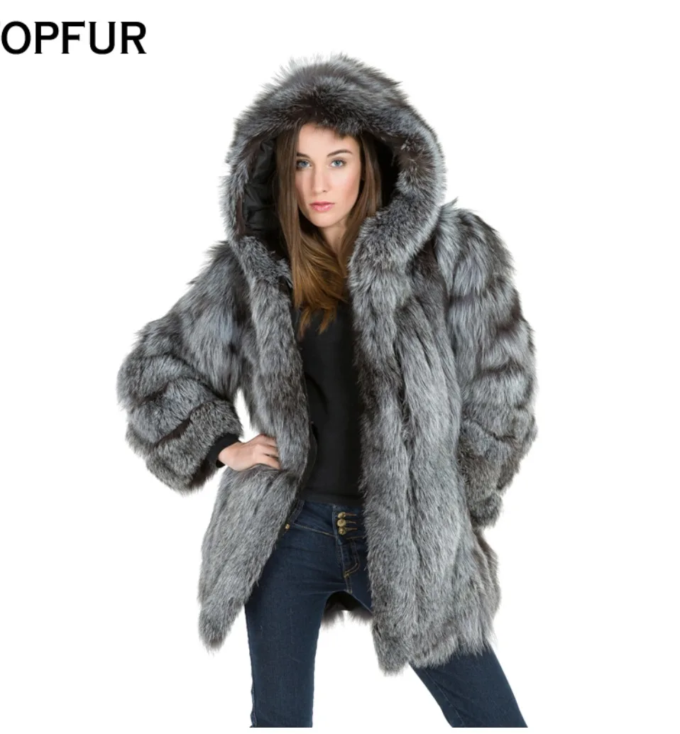 TOPFUR, модные зимние женские пальто с капюшоном, натуральный мех, пальто для женщин, натуральный мех серебристой лисы, верхняя одежда и пальто, базовые куртки