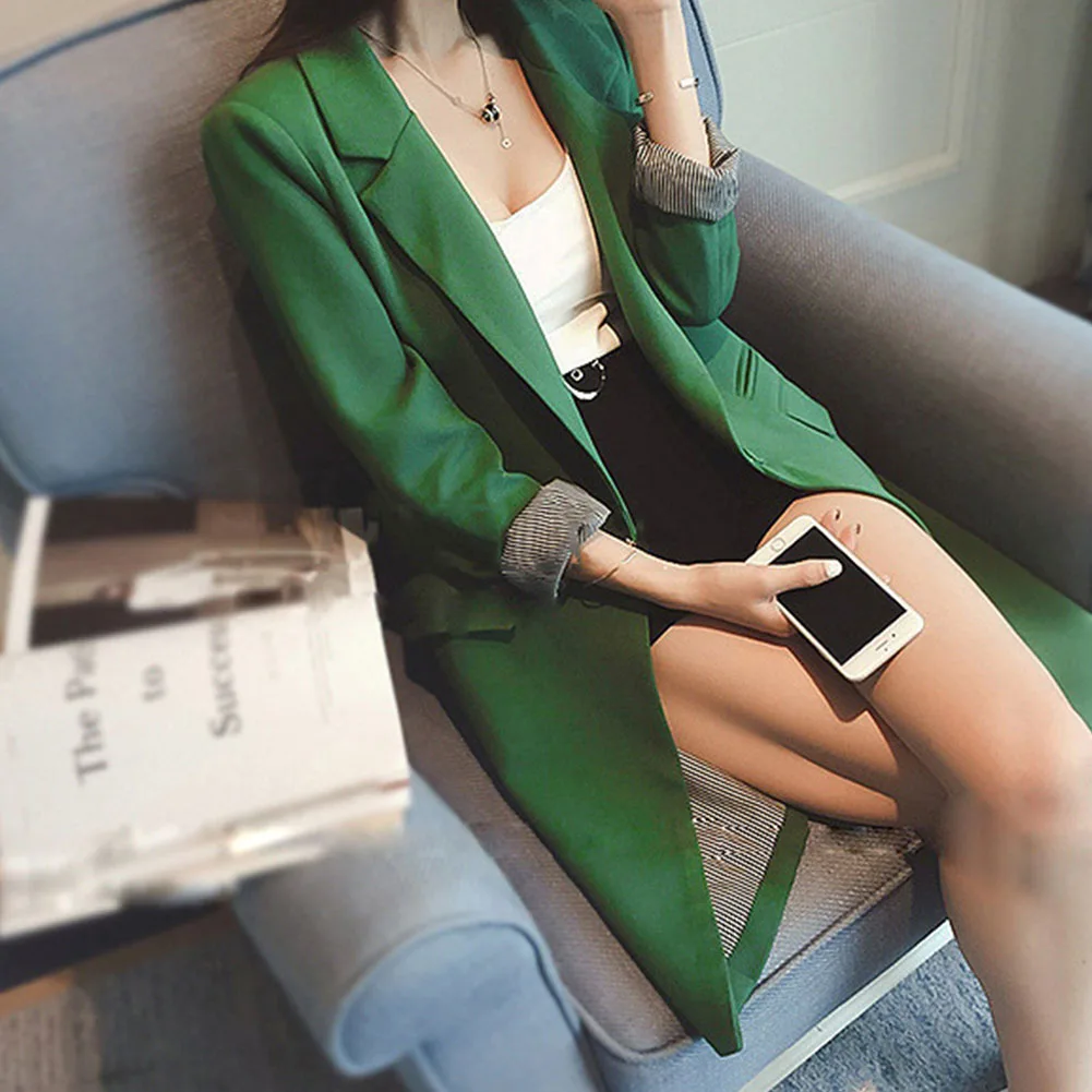 Женский пиджак пальто; сезон весна; модная женская одежда с длинными рукавами с закрытой грудью Повседневное бейзер кофта жакет однотонные топы с длинными рукавами, цвета: черный, зеленый, пальто