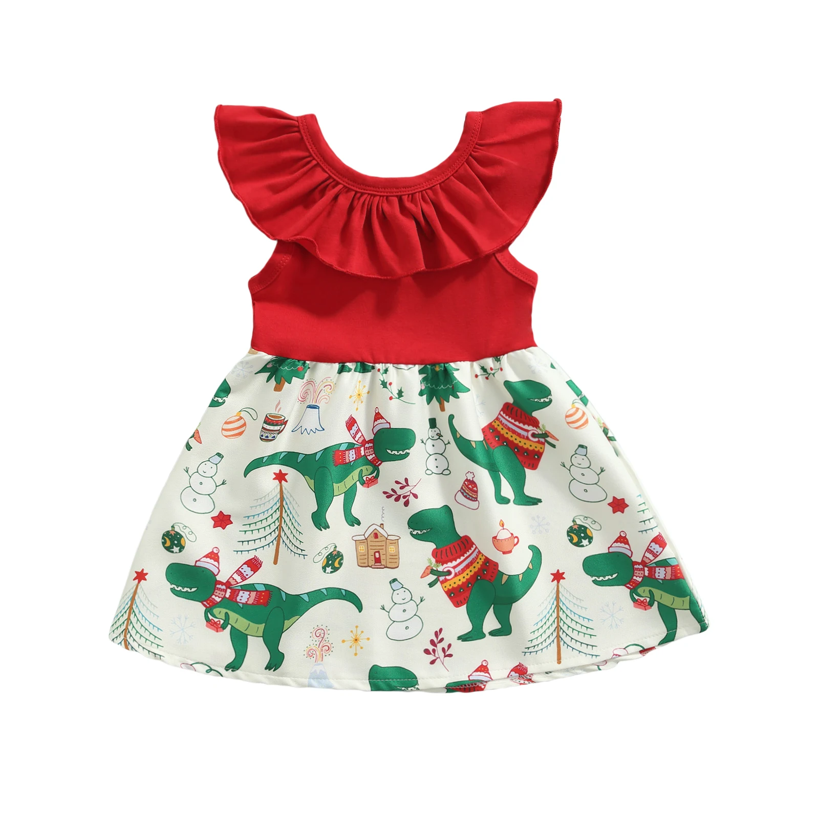Infant Christmas Sleeveless Dress Girls Dinosaur Print Ruffle Crew Neck Newborn Xmas Clothes