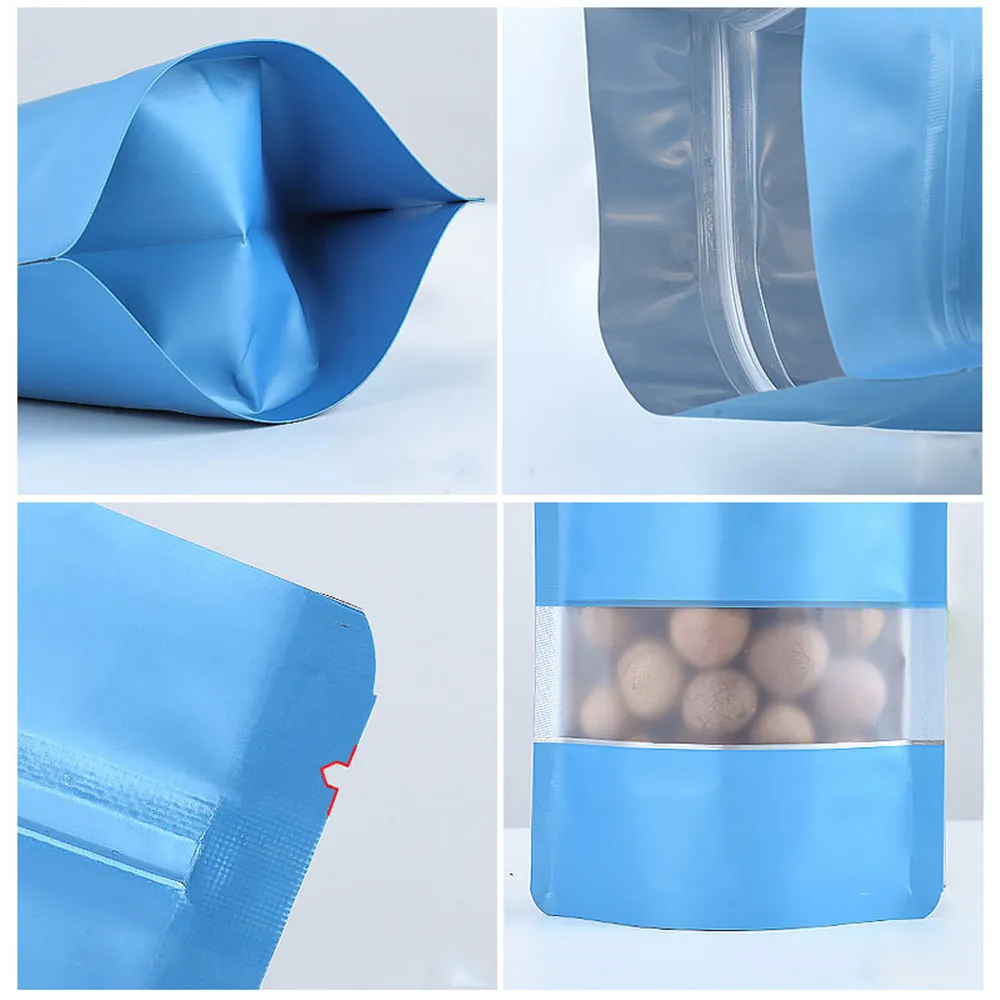 100Pcs Blue Mylar Foil Zip Lock Stand Up Bag with Frosted Window Tear Notch Doypack Resealable Food Storage Packaging Pouches
