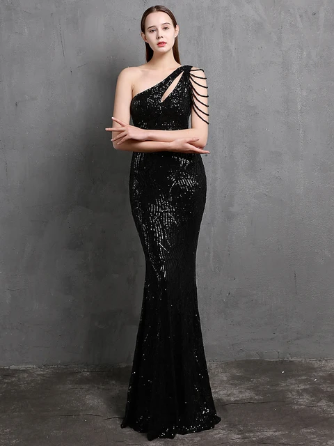 YIDINGZS Elegant One Shoulder White Sequin Dress Women Beading Evening Dress 2021 Party Wedding Maxi Dress 18519 black