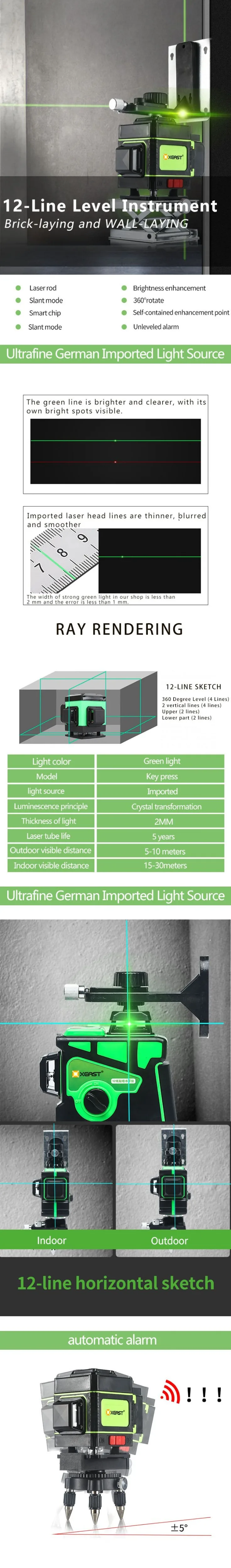 XEAST 3D лазерный уровень 12 линий 3D самонивелирующийся 360 горизонтальный и вертикальный крест супер мощный зеленый лазерный луч линии