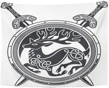 

Tapestry Red Ancient Shield with Deer Crest and Crossing Swords Animal Antique Tapestries Wall Hanging for Living Room Bedroom